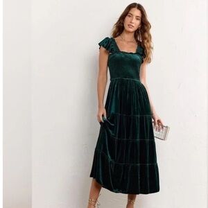 Hill House Green Silk Velvet Ellie Dress Midi Sleeveless Tiered Party Dress